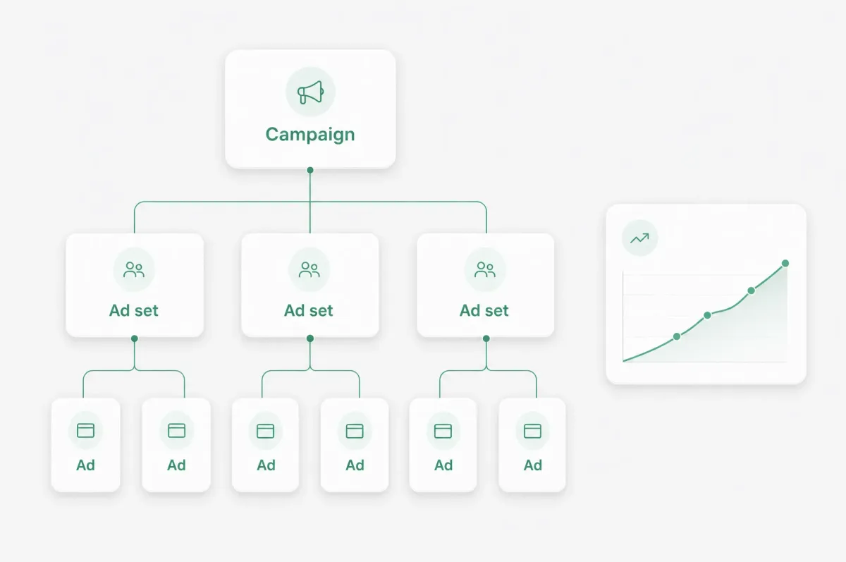 A campaign structure with ad sets and ads, and a performance trend