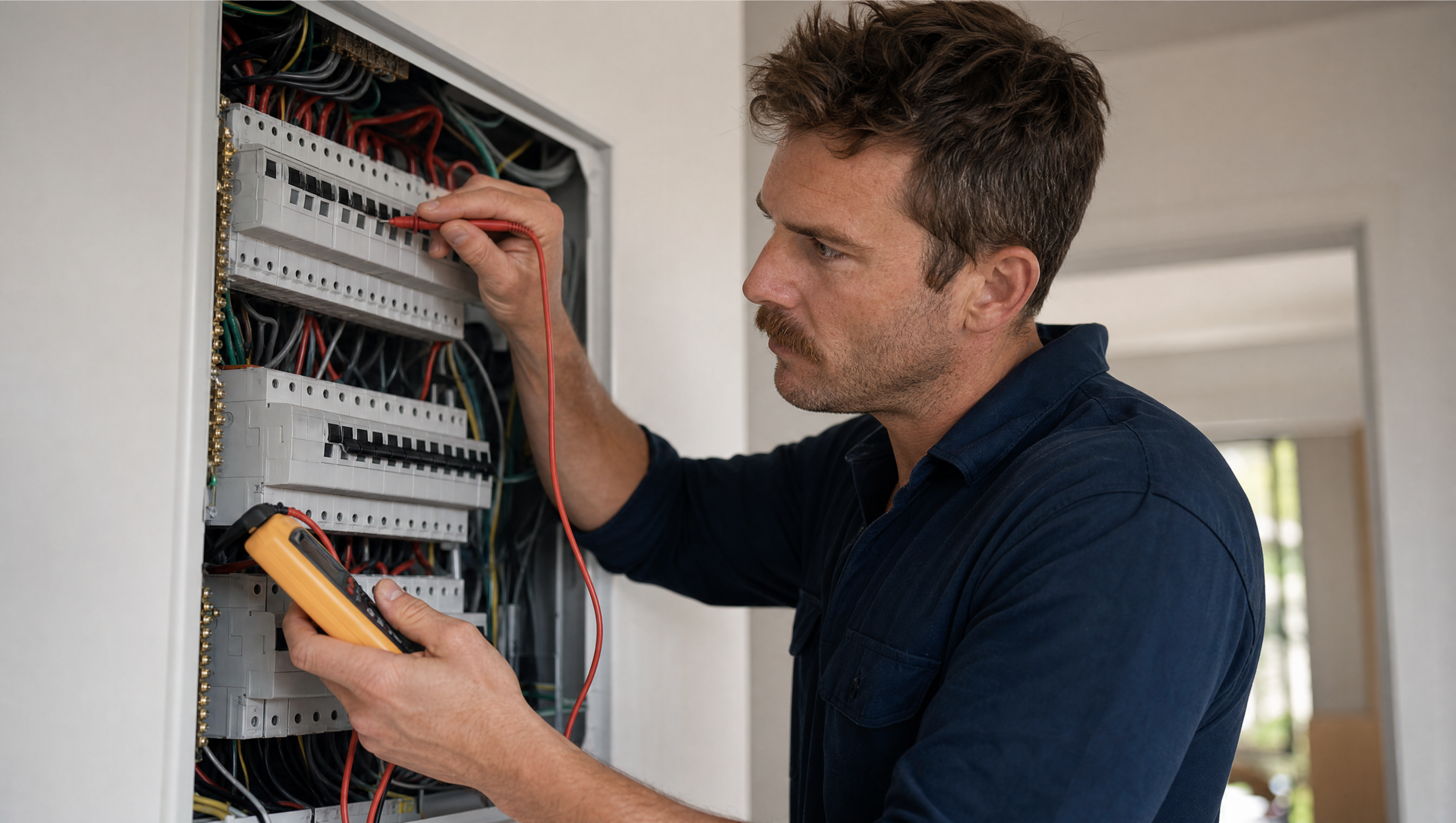 Australian electrician testing a residential switchboard