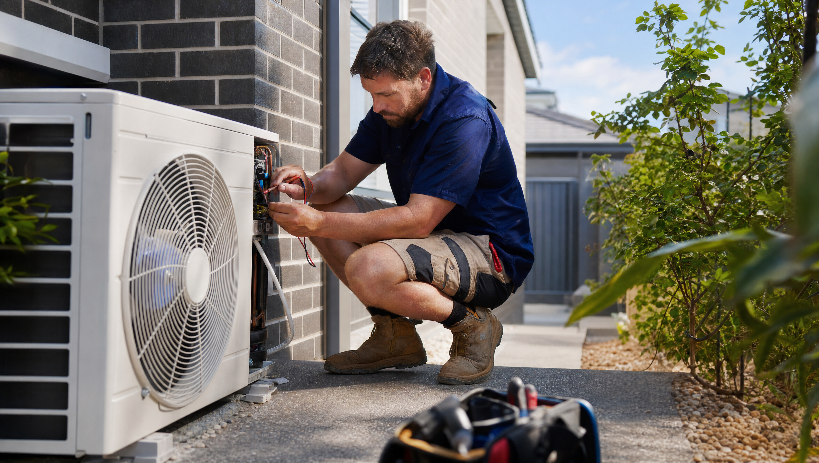 Air conditioning technician servicing an outdoor unit