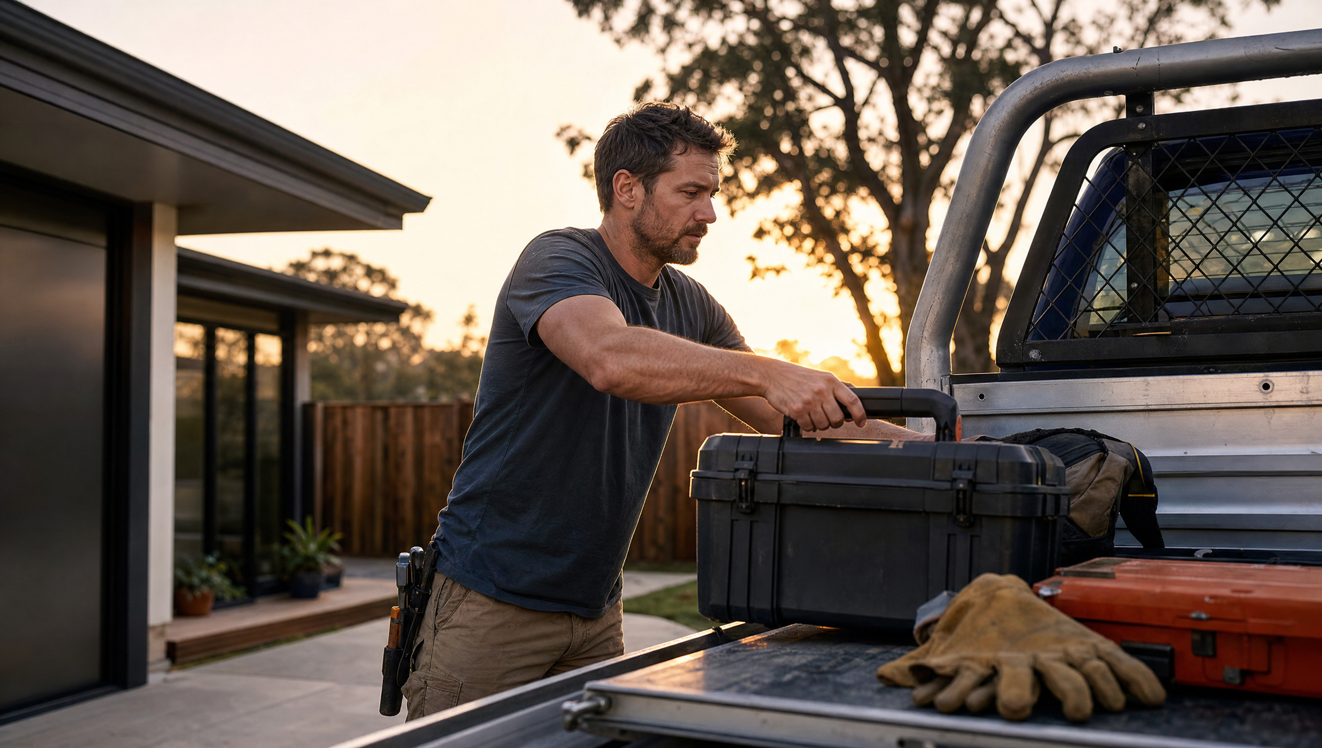 Australian tradie loading tools into a work ute at dawn